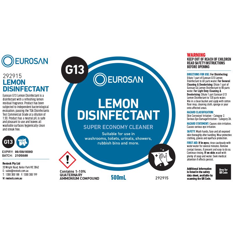 Eurosan Label G13 Lemon Disinfectant  (to suit 500ml-1000ml Bottle) (each)
