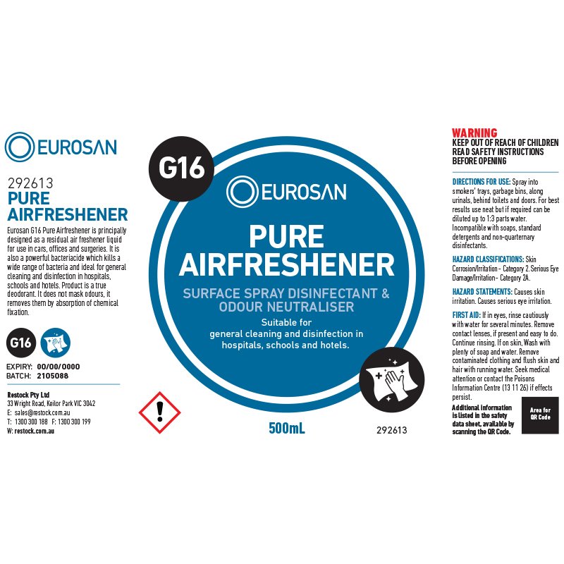 Eurosan Label G16 Pure Airfreshener  (to suit 500ml-1000ml Bottle) (each)