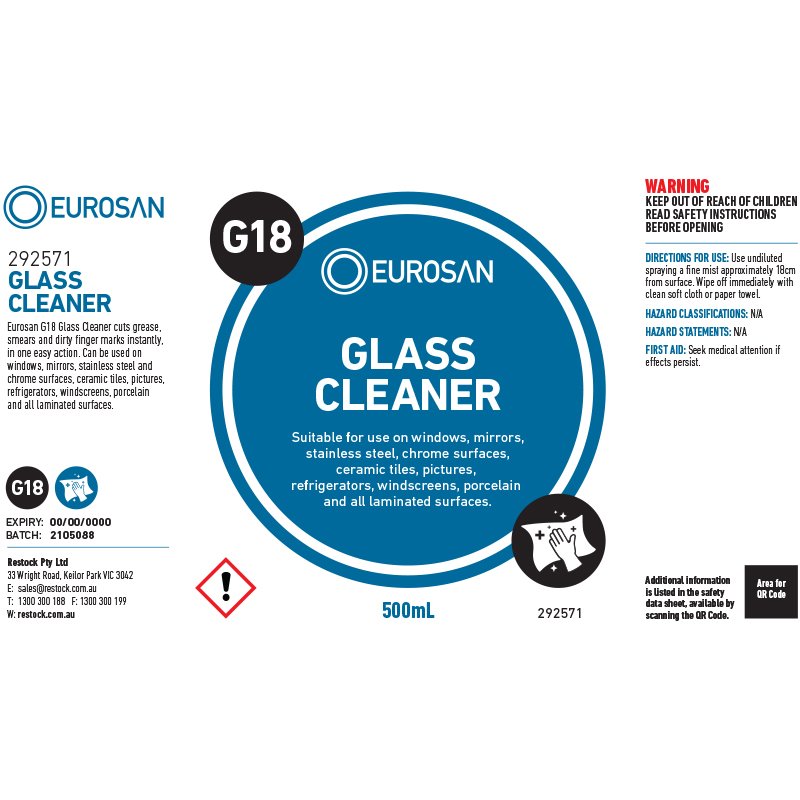 Eurosan Label G18 Glass Cleaner  (to suit 500ml-1000ml Bottle) (each)