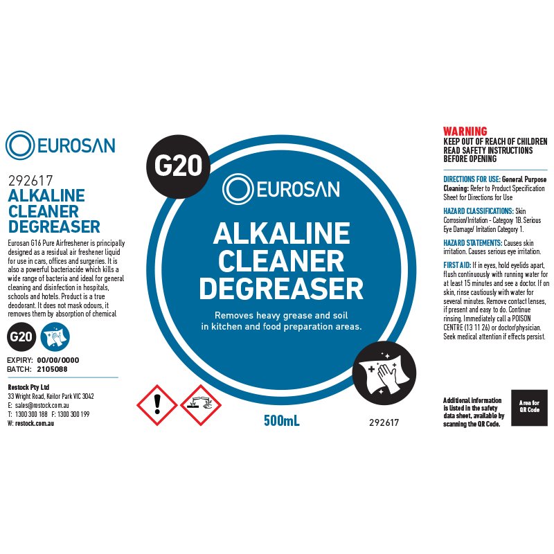 Eurosan Label G20 Alkaline Cleaner Degreaser  (to suit 500ml-1000ml Bottle) (eac