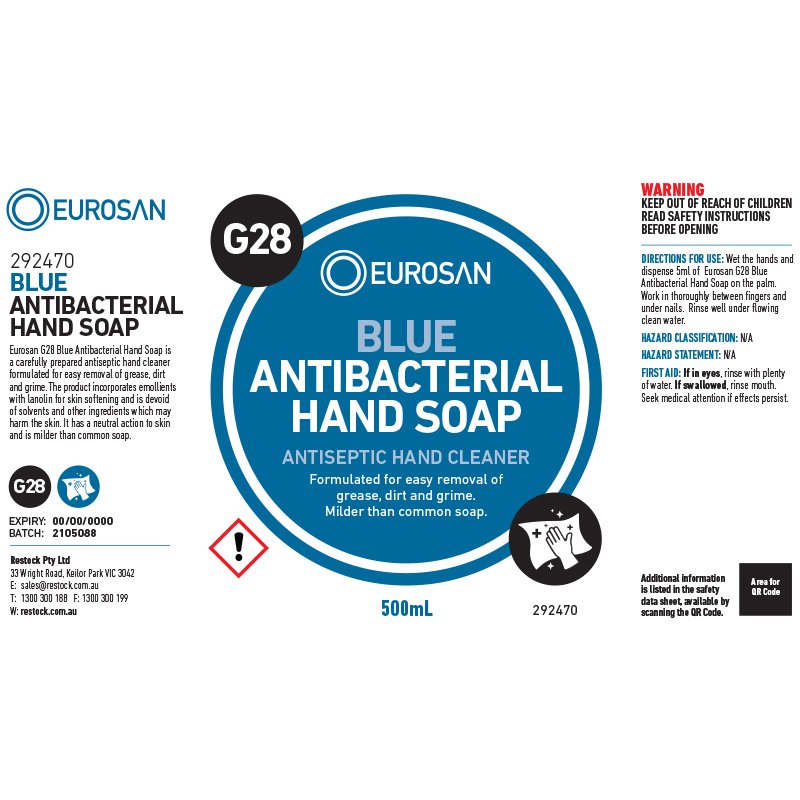 Eurosan Label G28 Blue Antibacterial Hand Soap (to suit 500ml-1000ml Bottle) (ea