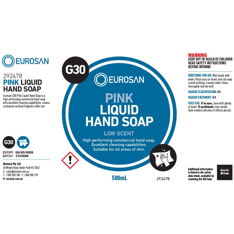 Eurosan Label G30 Pink Liquid Hand Soap  (to suit 500ml-1000ml Bottle) (each)