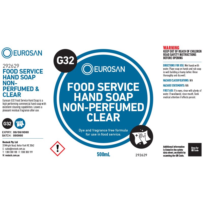Eurosan Label G32 Food Service Hand Soap Non-Perfumed Clear  (to suit 500ml-1000
