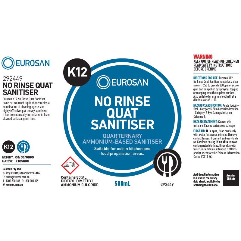 Eurosan Label K12 No Rinse Sanitizer (to suit 500ml-1000ml Bottle) (each)