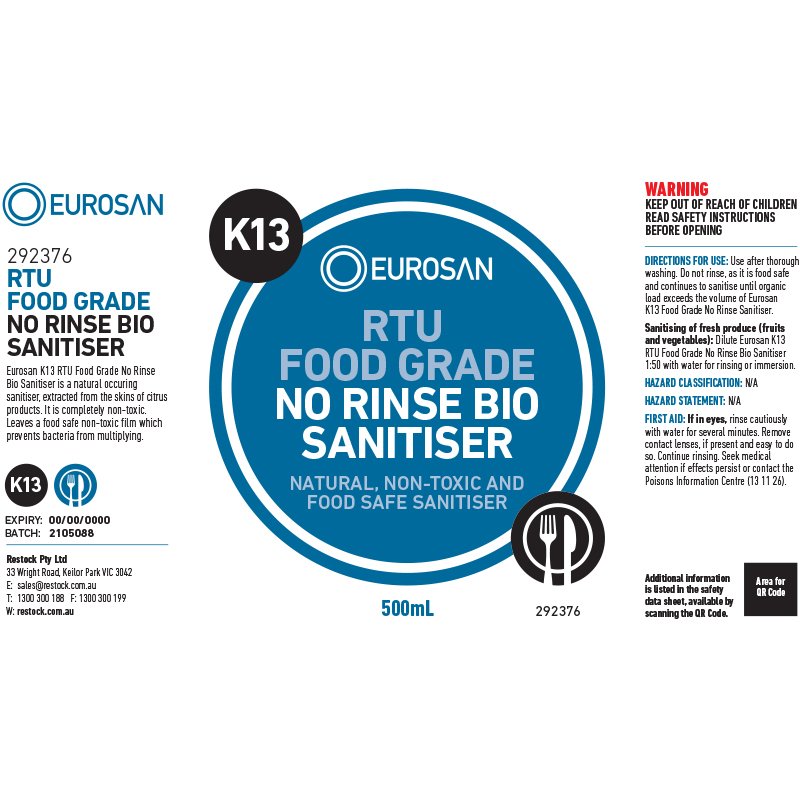 Eurosan Label K13 RTU Food Grade No Rinse Bio Sanitizer (to suit 500ml-1000ml Bo