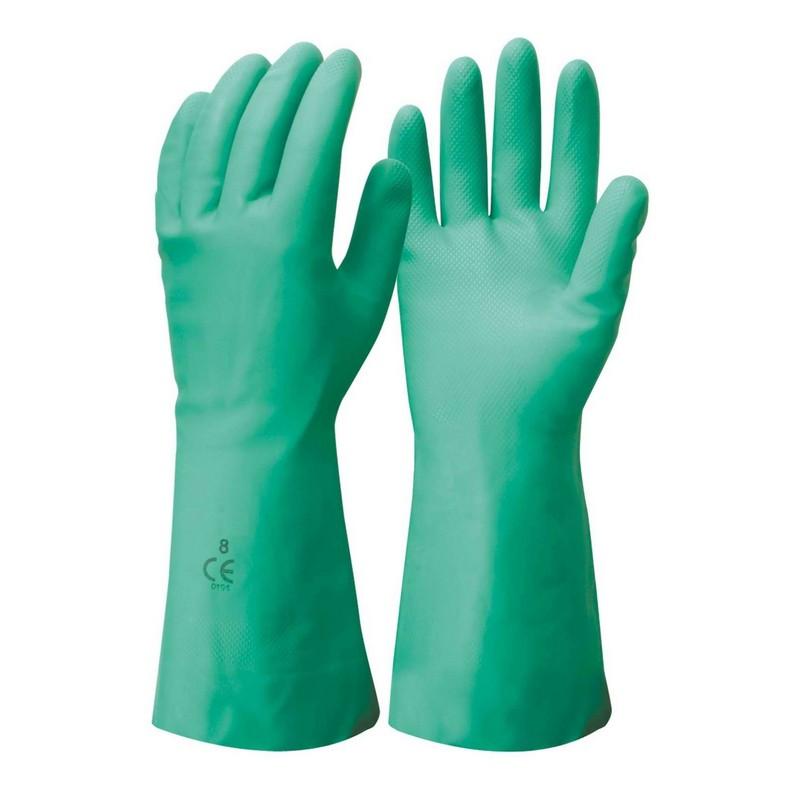 Green Nitrile Flock Lined Gloves 33cm - Medium Size 8 (1 pair)