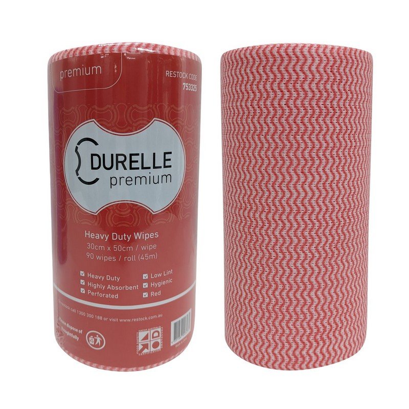 Durelle Premium Perforated (30 x 50cm) Wipes Red 45m 90 sheets/roll (each)