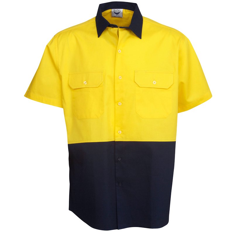 Hi Vis Yellow/Navy Short Sleeve Cotton Drill Shirt Collar 42cm Chest61.5cm Large