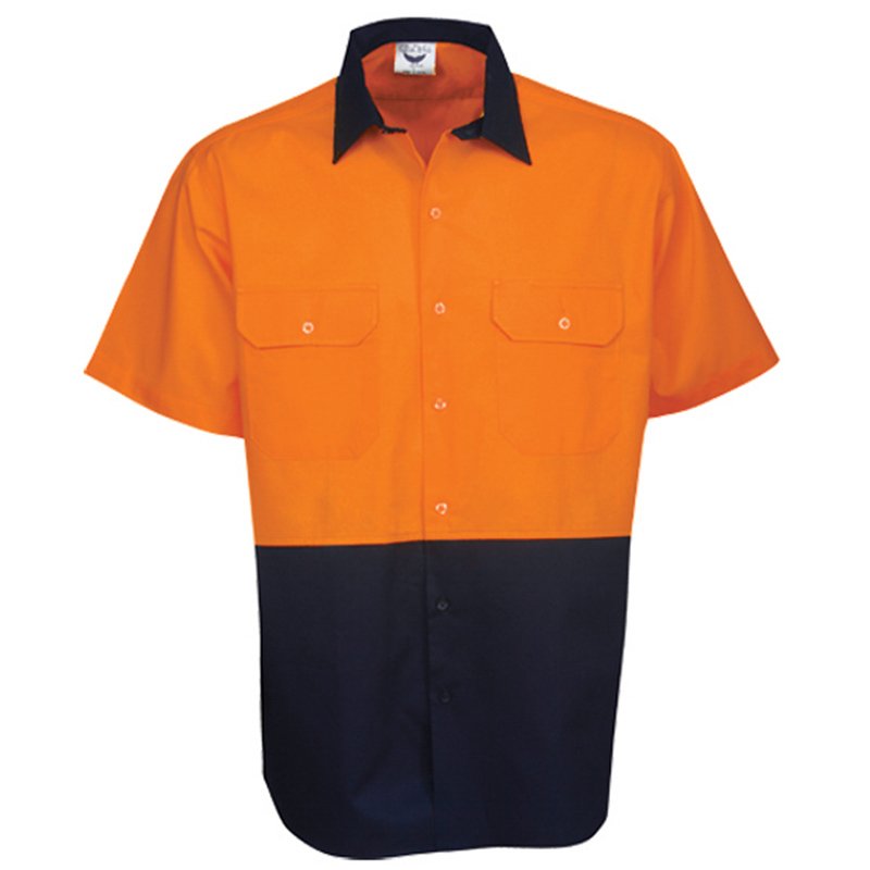 Hi Vis Orange/Navy Short Sleeve Cotton Drill Shirt Collar 38cm Chest55cm Small (