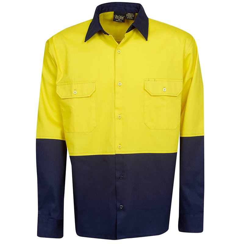 Hi Vis Yellow/Navy Long Sleeve Cotton Drill Shirt Collar 37cm Chest52cmXSmall (e