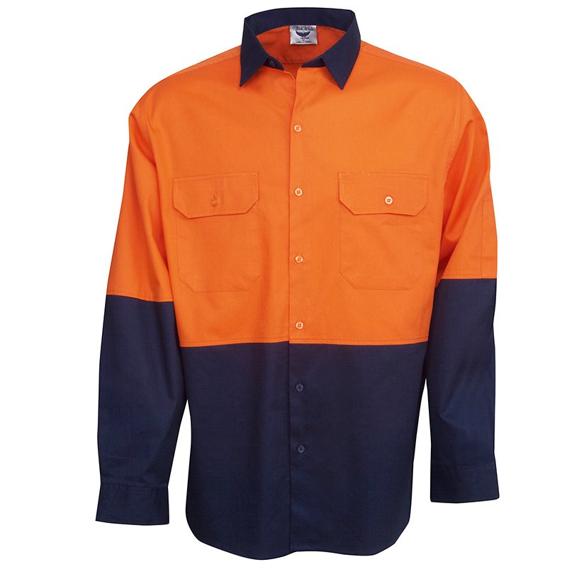 Hi Vis Orange/Navy Long Sleeve Cotton Drill Shirt Collar 40cm Chest58cm Medium (