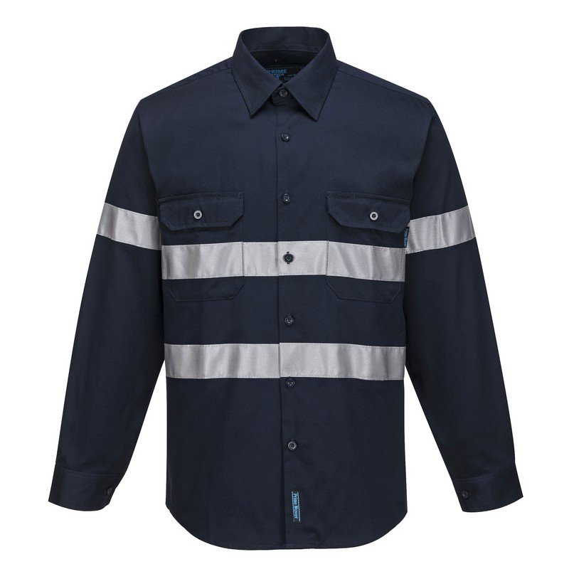 Navy Long Sleeve Cotton Drill Shirt with Reflective Tape XLarge (each)
