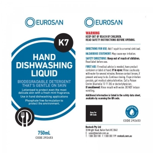 Eurosan Label K7 Hand Dishwashing Liquid (to suit 500ml-1000ml Bottle) (each)