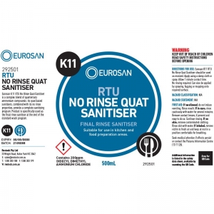 Eurosan Label K11 RTU No Rinse Quat Sanitizer (to suit 500ml-1000ml Bottle) (eac