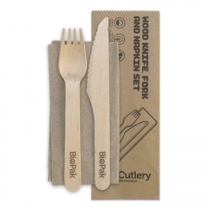 Knife Fork Napkin Set Wood 100% 16cm Uncoated (100/pack)